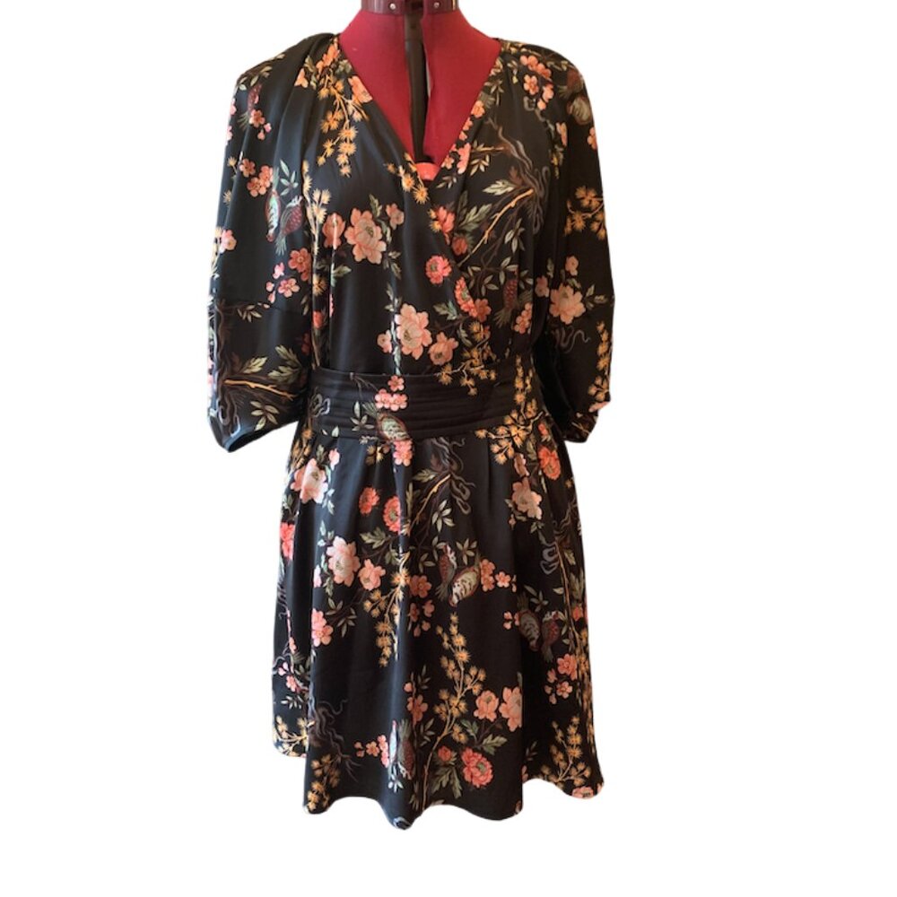 MANGO - New Black floral dress Balloon Sleeves faux-wrap midi design Size 10